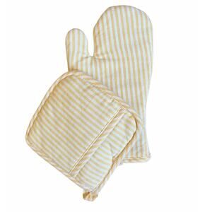 New 2 Pc Yellow and White Over Mitt and Pot Holder Set Farmhouse Preppy